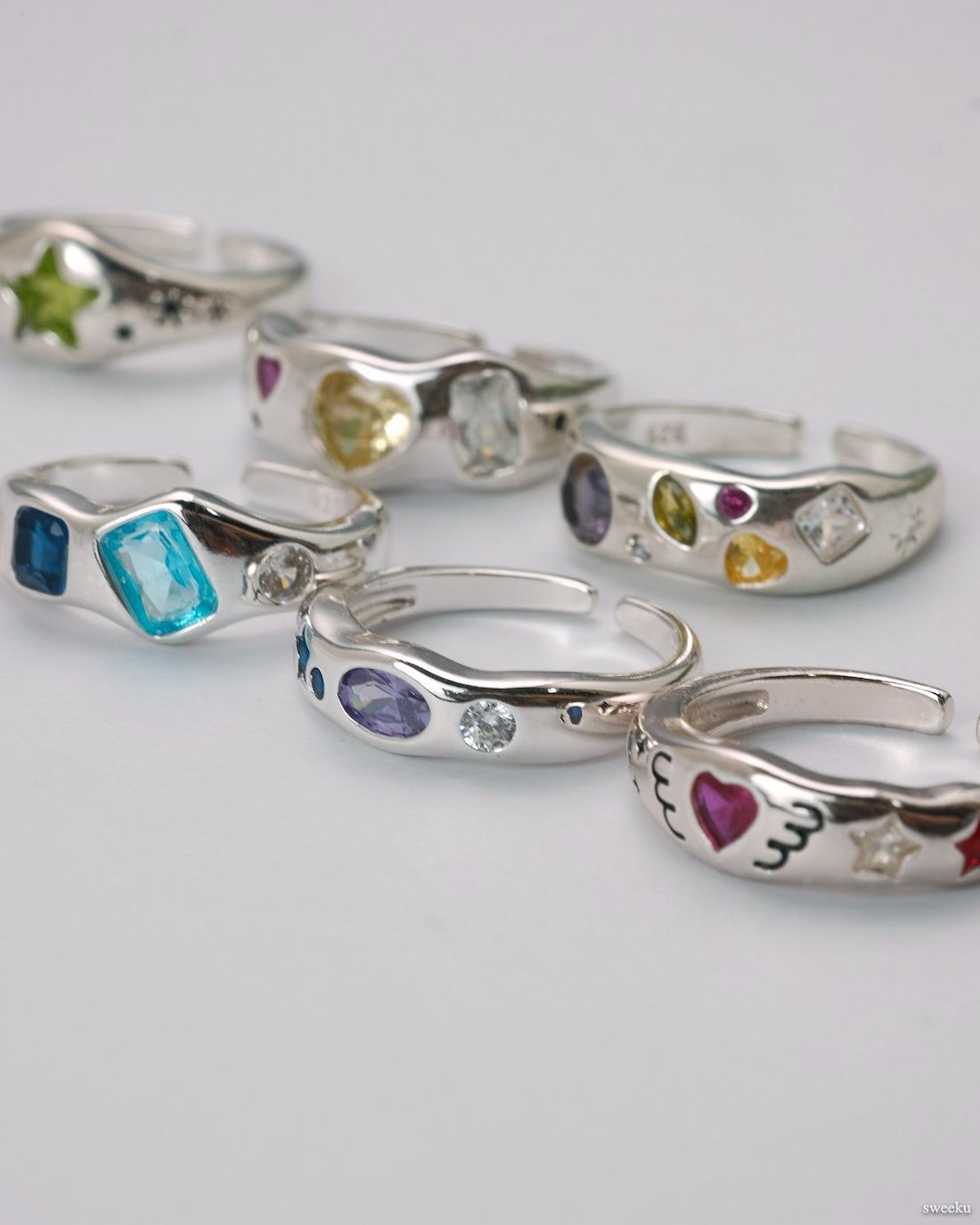 Nova Spectrum Ring Set with colorful gemstones on silver bands