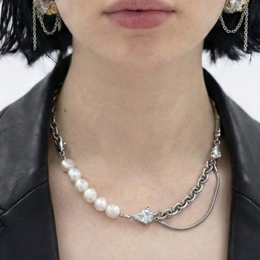 Asymmetrical Pearl & Zirconia Necklace