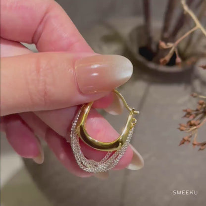 Mixed Metal Fluid Hoop Earrings with Draped Silver Chains