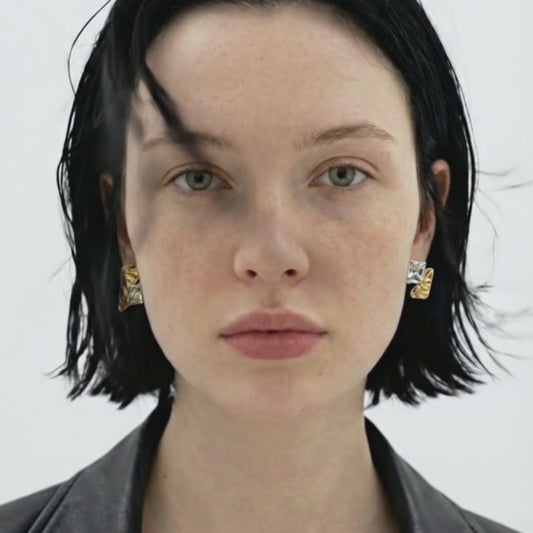 Asymmetrical Liquid Ribbon & Radiant CZ Solitaire Stud Earrings