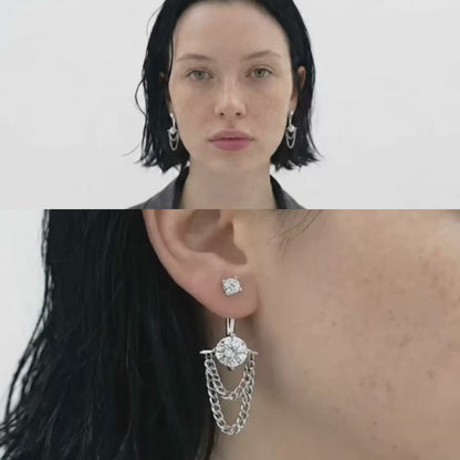 Silver Tassel Chain CZ Ear Jacket Stud Earrings