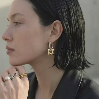 Mixed Metal Flower Dangle Huggie Hoops