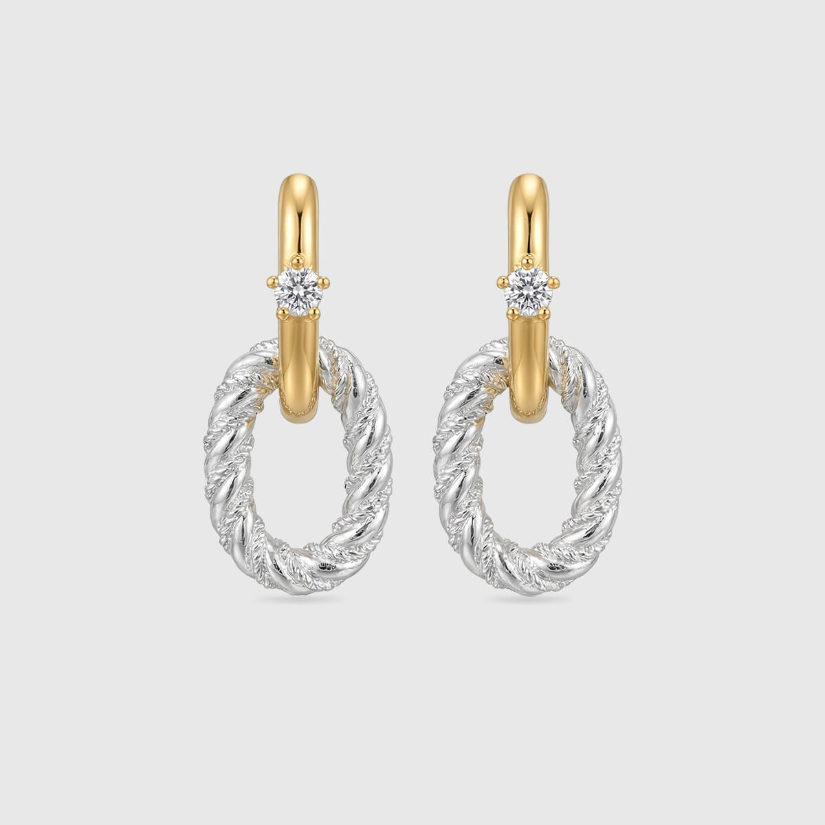 Rope Twist Mixed Metal Hoop Earrings with Solitaire CZ