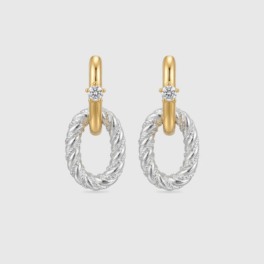 Rope Twist Mixed Metal Hoop Earrings with Solitaire CZ
