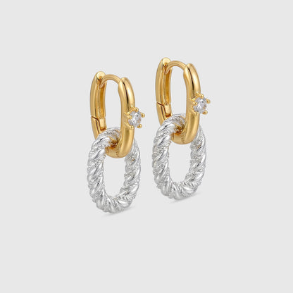Rope Twist Mixed Metal Hoop Earrings with Solitaire CZ