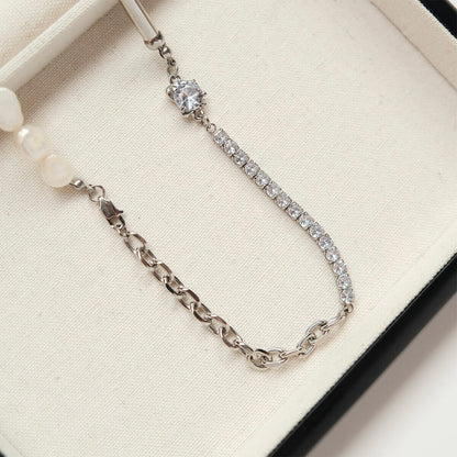 Asymmetrical Pearl & Zirconia Necklace