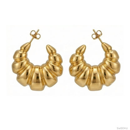 Pair of polished 18K gold plated stainless steel croissant hoop earrings, frontal view