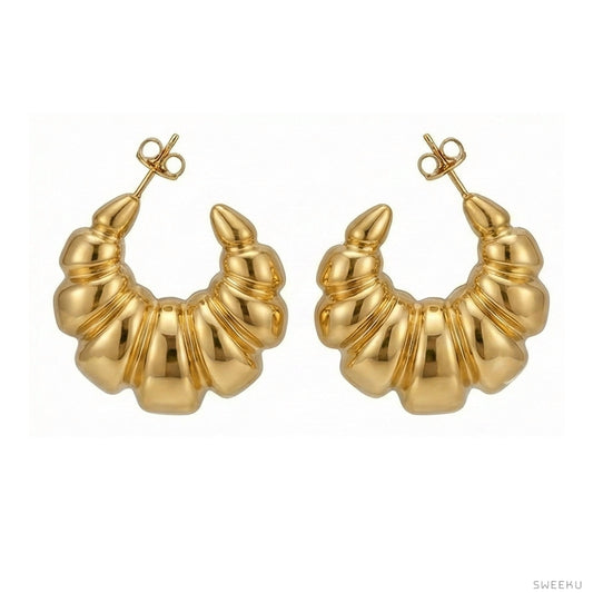 Pair of polished 18K gold plated stainless steel croissant hoop earrings, frontal view