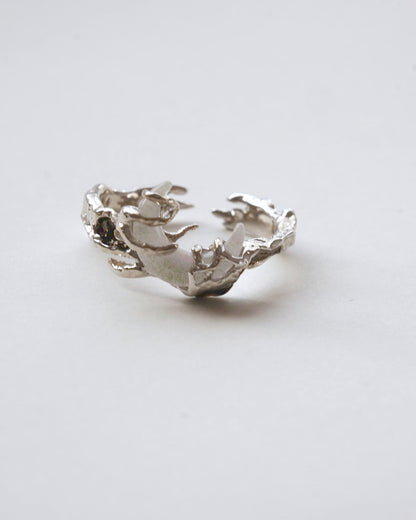 Front view of dragon claw ring with an adjustable open band and a clear crystal centerpiece
