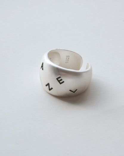 Engraved chunky copper band ring with a brushed finish and adjustable open band – side view – SWEEKU jewelry
