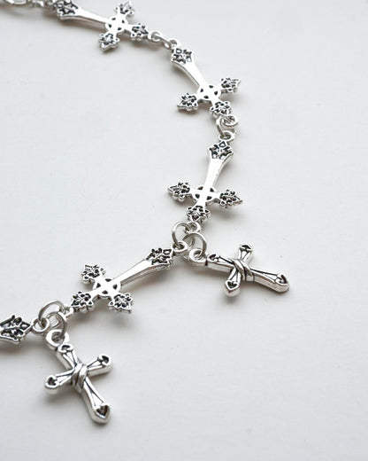A gothic alloy chain necklace with various cross and rose charms detail - side view - SWEEKU jewelry
