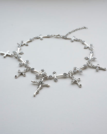 A gothic alloy chain necklace with various cross and rose charms - whole view - SWEEKU jewelry

