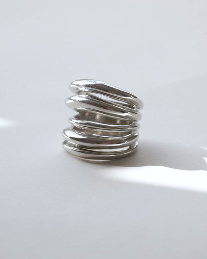 Multi-layer sculptural statement ring with a polished, stacked band design – detail view – SWEEKU jewelry
