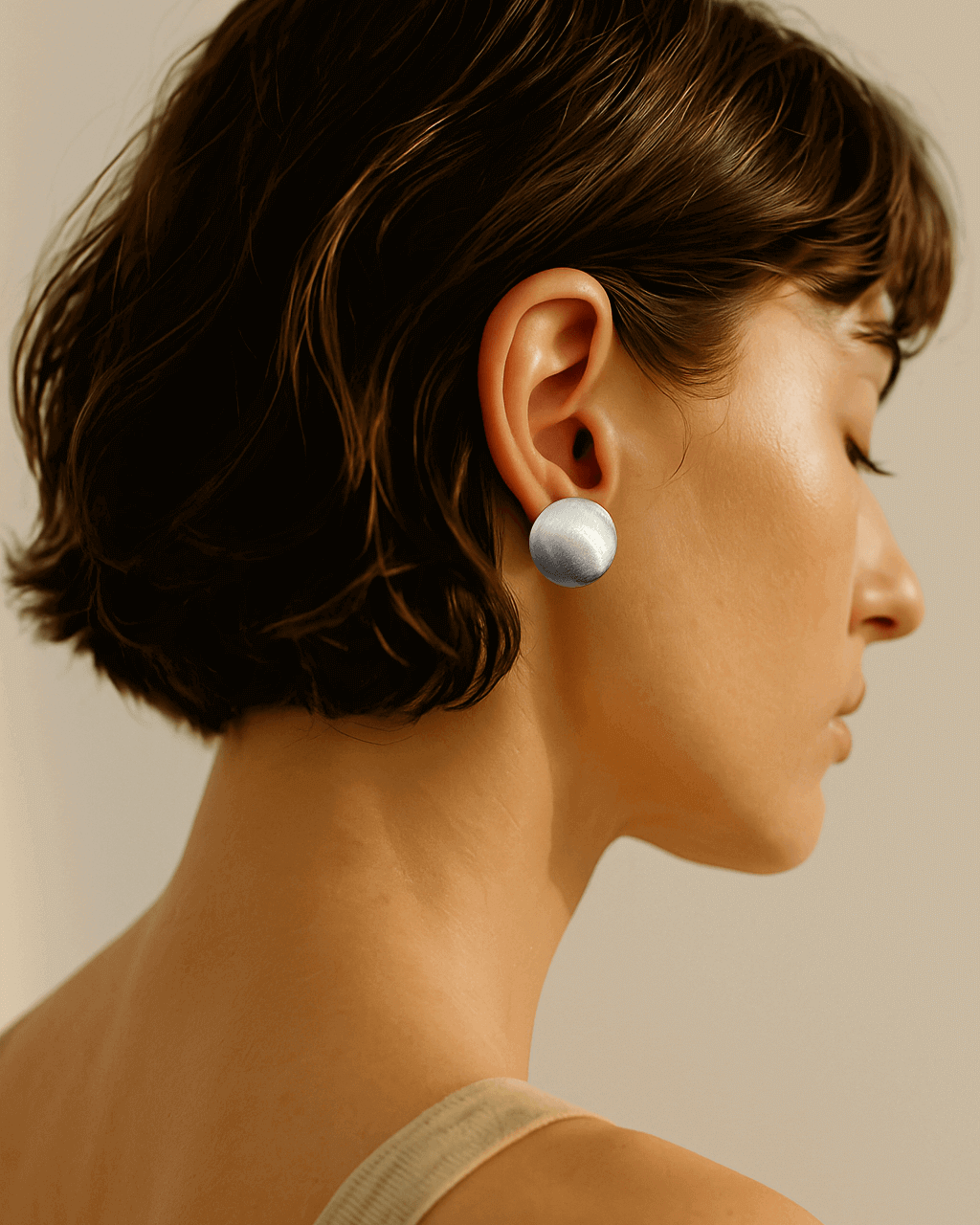 Model wearing pair of polished puffed dome copper stud earrings with 925 sterling silver posts - front view - SWEEKU jewelry