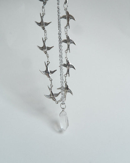 Layered necklace set with a bird chain link choker and a separate crystal pendant necklace – front view – SWEEKU jewelry