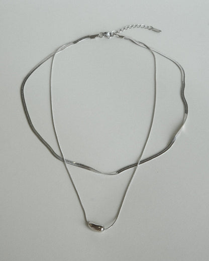 Two-layer snake chain necklace with a small, polished tear drop pendant - front view - SWEEKU jewelry
