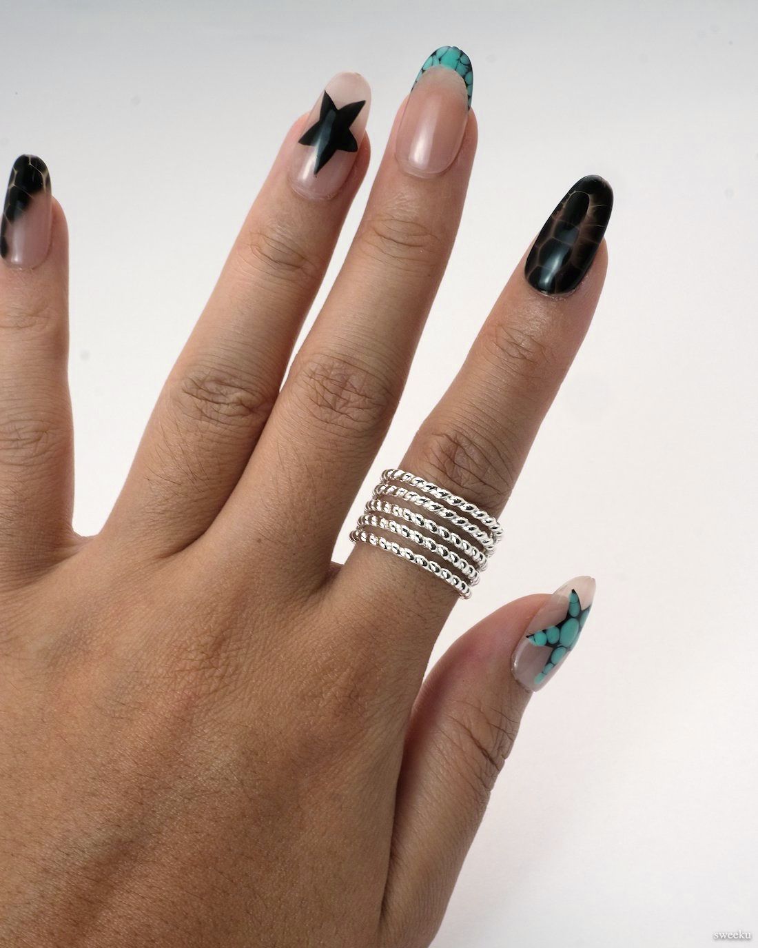 Twine Band Ring worn on hand, silver-plated adjustable layered ring design
